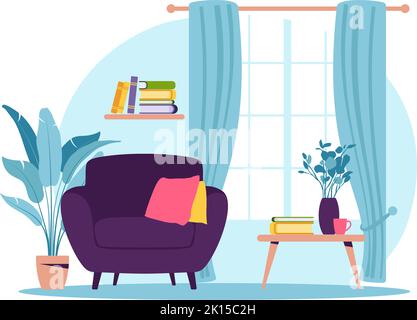 Interieur des Wohnzimmers mit Möbeln. Moderner Sessel mit Mini-Tisch. Flacher Cartoon-Stil. Vektorgrafik. Stock Vektor