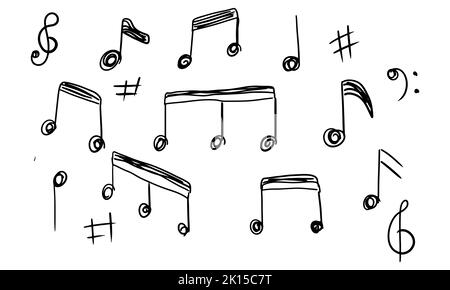 Musiknoten handgezeichnetes und Doodle-Design-Set. Skizze von Melodie und musikalischen Symbolen im schwarzen Silhouette Stil. Sammlung von kreativen Musik-Ikonen isola Stock Vektor