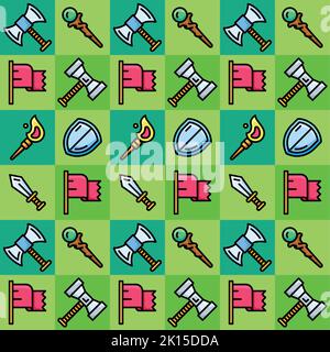 Videospiel nahtlose Muster Hintergrund mit Waffen und Fahnen Symbole Vektor Stock Vektor