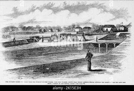 The Southern Expedition - Blick aus dem Inneren von Fort Welles, spätes Fort Walker, Hilton Head Island, South Carolina, Blick ins Landesinnere, Zeigt die Verteidigung von der Landseite aus. Dezember 1861. Illustration des amerikanischen Bürgerkriegs des 19.. Jahrhunderts aus Frank Leslie's Illustrated Newspaper Stockfoto