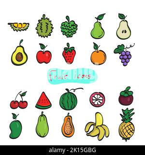 Bunte Frucht Symbol Set Illustration Vektor von Hand gezeichnet mit schwarzer Linie isoliert auf weißem Hintergrund Stock Vektor