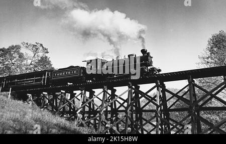 „Tweetsie“-Zug aus Appalachia-Buch. Die East Tennessee and Western North Carolina Railroad (Melderzeichen ETWN), liebevoll als „Tweetsie“ bezeichnet in Bezug auf das Geräusch ihrer Dampfpfeifen, war in erster Linie eine 3 Fuß (Schmalspurbahn) Eisenbahn, die 1866 gegründet wurde, um die Minen in Cranberry, North Carolina, zu bedienen. Der Schmalspurabschnitt des ET&WNC wurde 1950 aufgegeben, jedoch besteht das 11 Meilen (4 Fuß) lange 8 1/2-Zoll-Segment (Standardspur) der Strecke von Johnson City nach Elizabethton, Tennessee, noch heute als East Tennessee Railway. Stockfoto