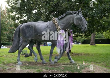 Windsor, Großbritannien. 15.. September 2022. Die Windsor Grays Statuen in Windsor by the Long Walk haben Eichengirlanden um ihren Hals als Hommage an die verstorbene Königin Elizabeth II., die die Statuen 2014 enthüllt hat. Quelle: Maureen McLean/Alamy Live News Stockfoto