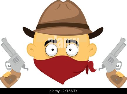 Vektor-Emoji-Illustration eines Cowboy-Banditen mit einem Hut, einem Bandana, das sein Gesicht bedeckt und Gewehren in seinen Händen Stock Vektor