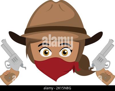 Vektor-Illustration des Emoticons einer Cowboy-Banditen aus dem fernen Westen, mit einem Hut, einem Schal, der sein Gesicht bedeckt und Waffen in seinen Händen Stock Vektor