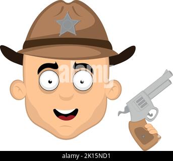 Vector Emoticon Illustration des Gesichts eines Cartoon Sheriff mit einem Hut und einer Waffe in der Hand Stock Vektor