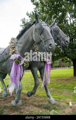 Windsor, Großbritannien. 15.. September 2022. Die Windsor Grays Statuen in Windsor by the Long Walk haben Eichengirlanden um ihren Hals als Hommage an die verstorbene Königin Elizabeth II., die die Statuen 2014 enthüllt hat. Quelle: Maureen McLean/Alamy Live News Stockfoto