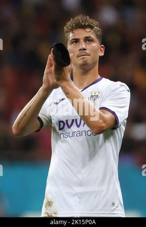 Anderlechts Sebastiano Esposito im Bild nach einem Fußballspiel zwischen dem rumänischen Fotbal Club FCSB und dem belgischen RSC Anderlecht am Donnerstag, dem 15. September 2022, in Bukarest, Rumänien, am zweiten Tag in der Gruppenphase der UEFA Conference League. BELGA FOTO VIRGINIE LEFOUR Stockfoto