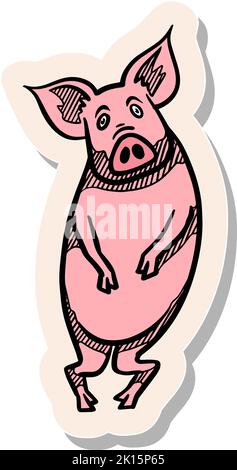 Handgezeichnetes, handstehendes Schwein im Stickerstil, Vektorgrafik Stock Vektor