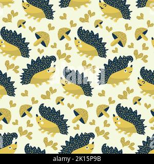 Niedliche Stachel, stachelig, Igel, Herz, Pilz nahtlose Muster Hintergrund. Cartoon Kawaii Igel, Doodle Herzen, Pilze Hintergrund. Naturwald Stock Vektor