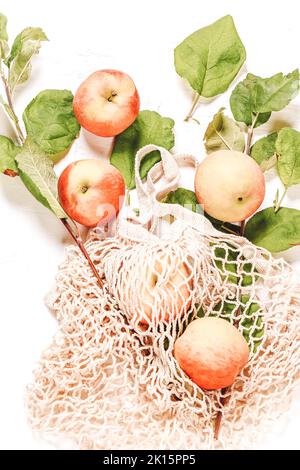 Äpfel in einem umweltfreundlichen Gitter. Herbstzusammensetzung. Natürliches Bauernprodukt Stockfoto