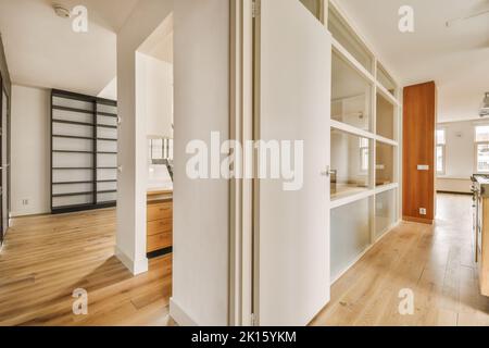 Flur der modernen geräumigen Wohnung mit weißen Wänden und Türen Stockfoto