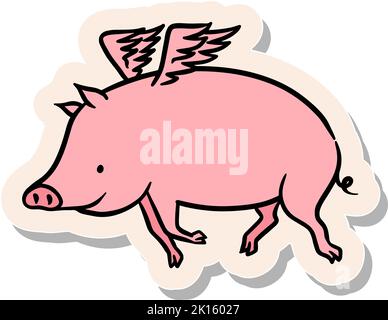 Handgezeichnetes fliegendes Schwein im Stickerstil Vektorgrafik Stock Vektor
