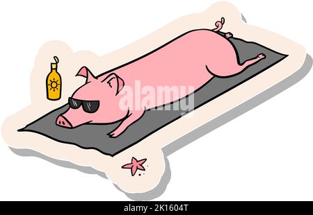 Handgezeichnetes Schwein, das am Strand in Vektorgrafik im Stickerstil liegt Stock Vektor