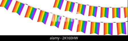 LGBT-Girlande. Regenbogenfarben Wimpel Kette. Party-Ammer Dekoration. Feiersteine für ein stolzes Dekor. Fußzeile und Banner-Hintergrund Stock Vektor