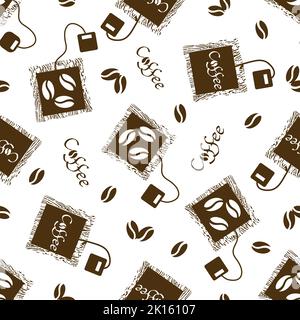 Kaffeetasche und Bohnen Vektor nahtlose Muster Hintergrund. Braun-weißer Hintergrund mit frisch gebrauten Einweg-Beutel mit Latten, Americanos. Grunge Stock Vektor