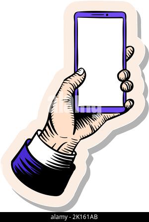 Handgezeichnete Hand halten Smartphone Vorlage vintage Skizze in Sticker Stil Vektor-Illustration Stock Vektor