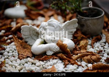 Eine kleine Engelsfigur liegt schlafend auf einem Grab mit herbstlichen Blättern Stockfoto