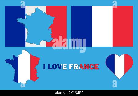 Serie von Vektorgrafiken mit Frankreich-Flagge, landesspezifaeller Karte und Herz. Reisekonzept. Stockfoto