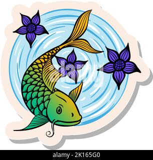 Handgezeichneter Koi-Fisch mit Lotusblumen in Vektorgrafik im Stickerstil Stock Vektor