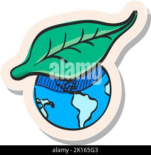 Handgezeichnete Globe mit Blattsymbol in Vektorgrafik im Stickerstil Stock Vektor