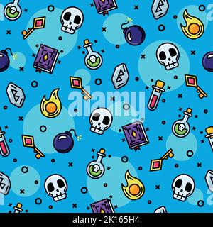 Videospiel nahtlose Muster Hintergrund mit Tränke und Schädel Symbole Vektor Stock Vektor