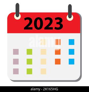 Kalender-Symbol für 2023 Jahre auf weißem Hintergrund. Kalenderschild. Flacher Stil. Stockfoto