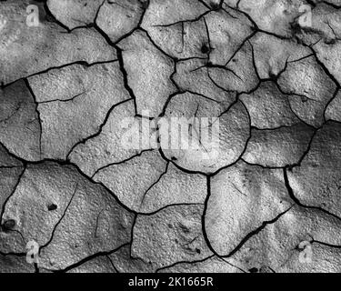 Dürre in Schwarz und Weiß eine geknackte und ausgetrocknete Landschaft, Tasmanische Region, Südinsel, Aotearoa / Neuseeland. Stockfoto