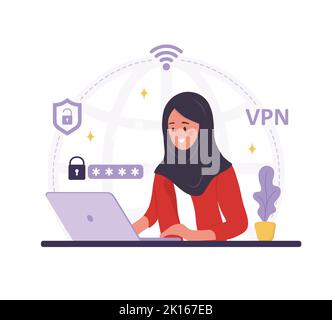 VPN-Technologiekonzept. Frau, die App zum Schutz persönlicher Daten verwendet. Cyber-Sicherheit. Virtuelle private Netzwerkverbindung. Moderne Software für Remote Stock Vektor