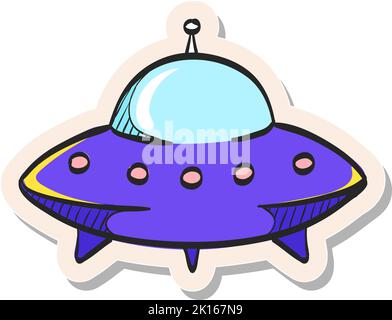 Handgezeichnetes Symbol für fliegende Untertasse in Vektorgrafik im Stickerstil Stock Vektor