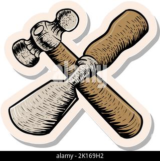 Handgezeichnetes Werkzeug für die Holzbearbeitung von Hammer und Meißel in Vektorgrafik im Stickerstil Stock Vektor