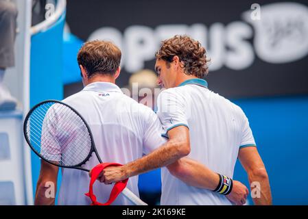 Roger Federer (SUI) stand T. Gabashvili (RUS) beim Tag 6-Spiel bei den Australian Open in Melbournes HiSense Arena gegenüber. Federer gewann gegen Gabaschwili 6-2, 6-2, 6-3. Stockfoto