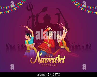 Plakat der Garba-Nacht für das indische Navratri Dussehra-Festival. vektor-Illustration von Völkern, die Dandiya-Tanz spielen. Stock Vektor