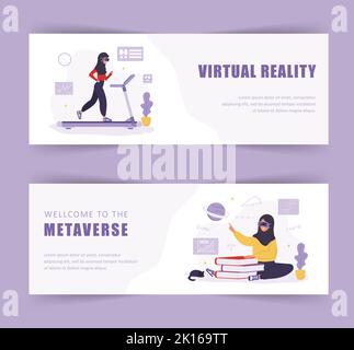 Metaverse-Banner. Muslimische Frauen mit VR-Headset. Virtual Reality und Cyberspace. Moderne Technik für Unterhaltung. Vektorgrafik in flacher Form Stock Vektor