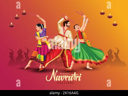 Plakat der Garba-Nacht für das indische Navratri Dussehra-Festival. vektor-Illustration von Völkern, die Dandiya-Tanz spielen. Stock Vektor