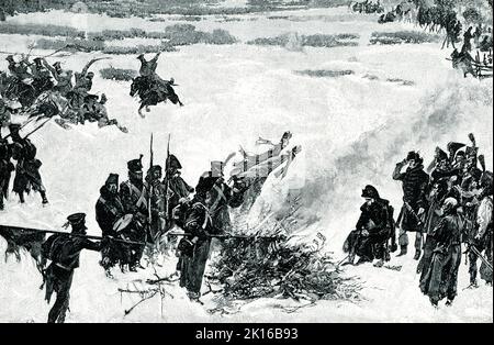 In der Überschrift von 1906 heißt es: „DIE FRANZOSEN VERBRANNTEN BEIM RÜCKZUG AUS MOSKAU ihre FAHNEN. – Der Rückzug der hungerten und gefrorenen Soldaten Napoleons wurde bald zu einem verzweifelten Flug. Die Kosakenreiter fegten wiederholt durch ihre Linien, erschlugen und plünderten. Napoleon selbst sah keine andere Möglichkeit, die französischen Standards vor dem Feind zu retten, und befahl, sie zu verbrennen. Dies geschah in einer letzten, feierlichen Zeremonie, während die Generäle ihren Ruhm zum Abschied begrüßten.“ Die Russen weigerten sich, sich zu Bedingungen zu stellen, und sowohl militärische als auch politische Gefahren könnten vorhergesehen werden, wenn die Franzosen in Moskau überwintern würden. Nach Stockfoto