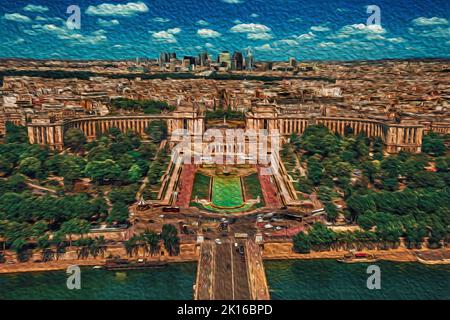 Die seine, der Trocadero und die Skyline der Gebäude vom Eiffelturm in Paris aus gesehen. Die charmante Hauptstadt Frankreichs. Öllack-Filter. Stockfoto