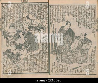 Illustration von Nise Murasaki inaka Genji, Autor Ryūtei Tanehiko (1783-1842), Veröffentlicht in den Jahren 1829 - 1842. Künstler Utagawa Kunisada (1786-1865) bekannt als Utagawa Toyokuni III. Stockfoto
