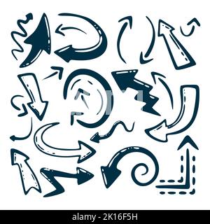 Sammlung von handgefertigten Doodle Vektor Pfeile. Verschiedene handgezeichnete Pfeilsymbole. Cursor-, Kurven-, auf- und Abwärts-Design im Cartoon-Stil. Stockfoto