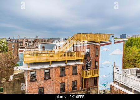 Baltimore, Maryland, berühmte Reihenhäuser werden oft mit Dachterrassen gekrönt, während junge Profis in diese historischen Häuser strömen. Stockfoto