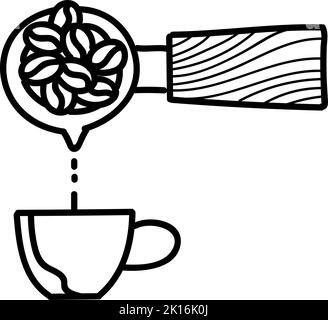 Kaffeemaschinen-Portafilter, der Flüssigkeit in die Tasse gießt, Symbol. Handgezeichnete Vektorgrafik. Bearbeitbare Linienführung Stock Vektor