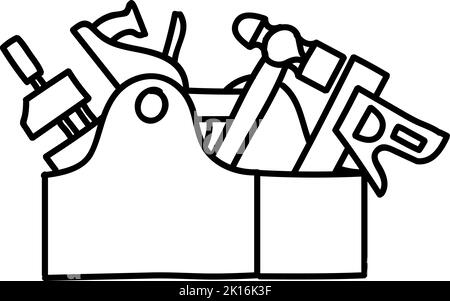 Werkzeuge in hölzernen Werkzeugkasten Symbol. Handgezeichnete Vektorgrafik. Bearbeitbare Linienführung Stock Vektor