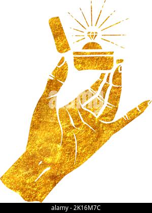Handgezeichnete Gold-Folie-Textur Hand halten Diamant-Ring-Box. Vektorgrafik. Stock Vektor