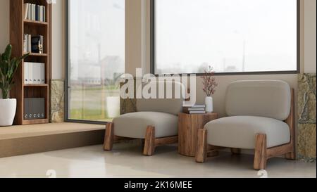 Gemütliches nordisches Wohnzimmer oder Büro Warteraum Innendesign mit entspannendem Platz am Fenster, bequemen Stühlen und Dekor. 3D Rendering, 3D Illustra Stockfoto