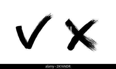 Pinsel lackiert ja und keine Häkchen. Schwarz-Weiß-Karabotafeln und Kreuzschilder. Symbole zur Genehmigung und Ablehnung gezeichneter Stimmen. X- und V-Embleme. Stock Vektor