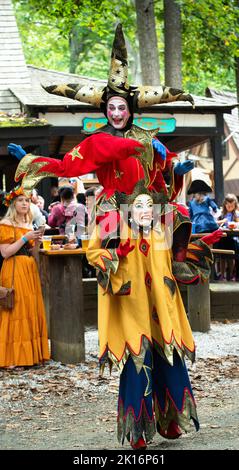 Zweigesichtige Spaßmacher beim Maryland Renaissance Festival, Crownsville, Maryland. 2022 große Cap 'n Bells Foolscap unterhaltsame Menschenmassen. Stockfoto