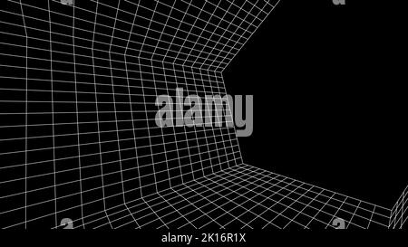 Abstrakter Computerhintergrund im Stil von 80s. Interieur im Sci-Fi-Stil mit Retro-Linien. Synthwave- oder retrowave-Rasterraum. Stock Vektor