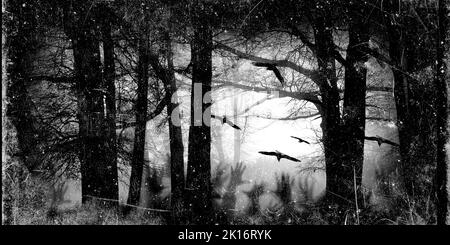 Gruseliger Wald mit fliegenden Vögeln, toten Bäumen, Spinnweben und Silhouetten von Zombies Händen. Halloween-Party. Alte Papierstruktur. Gothic-Design Stockfoto