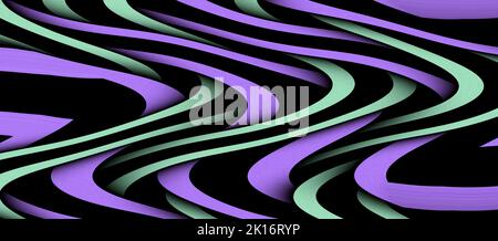 Mehrfarbige gekrümmte Linien Hintergrund. Glänzendes Wellenmuster. Abstrakte psychedelisch Illustration. Breites Bild. 3D Abbildung Stockfoto