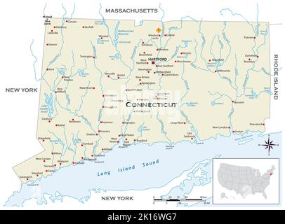 Sehr detaillierte physische Karte des US-Bundesstaates Connecticut Stockfoto